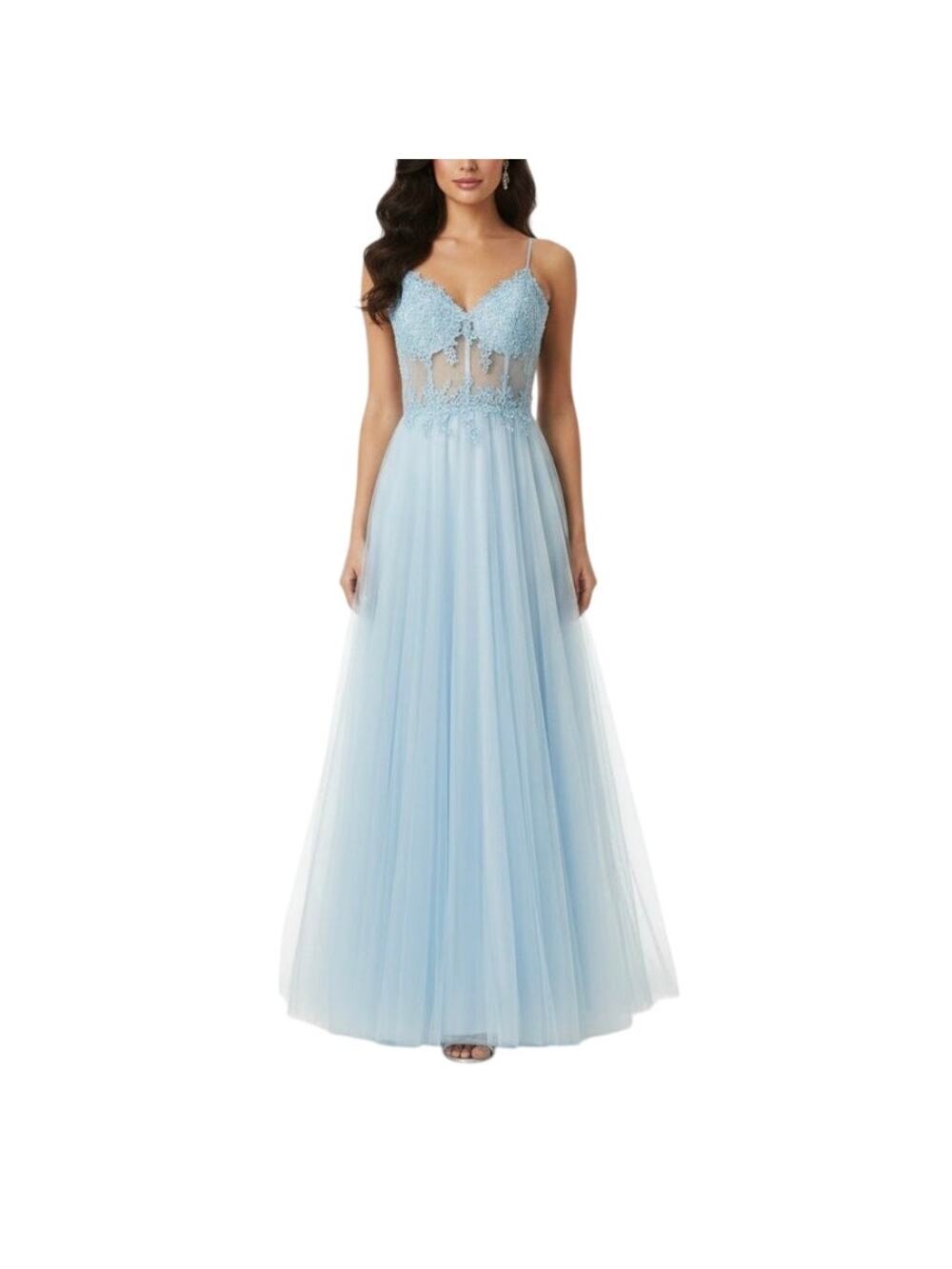 Blondie Nites Blue Evening Gown Beaded Sheer Lace A-Line Formal Dress Size 13